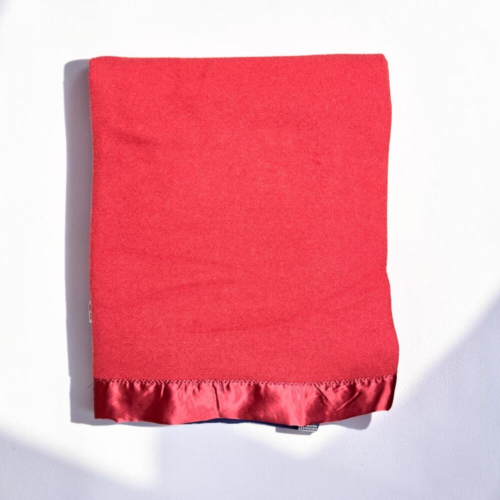 Vintage King Sized 80"x92” Red Maroon Faribo Satin Trim USA Made Wool Blanket